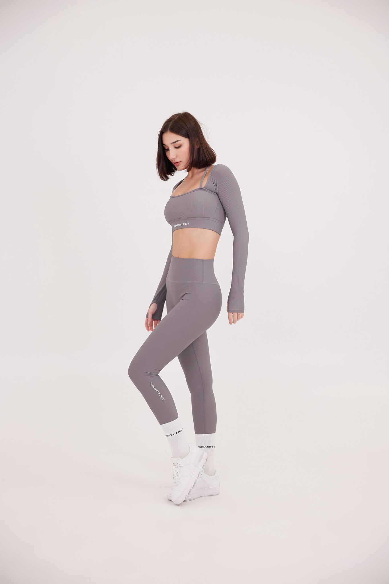 AirFlex Contour Long Sleeve Crop Top with Built-In Bra Light Grey