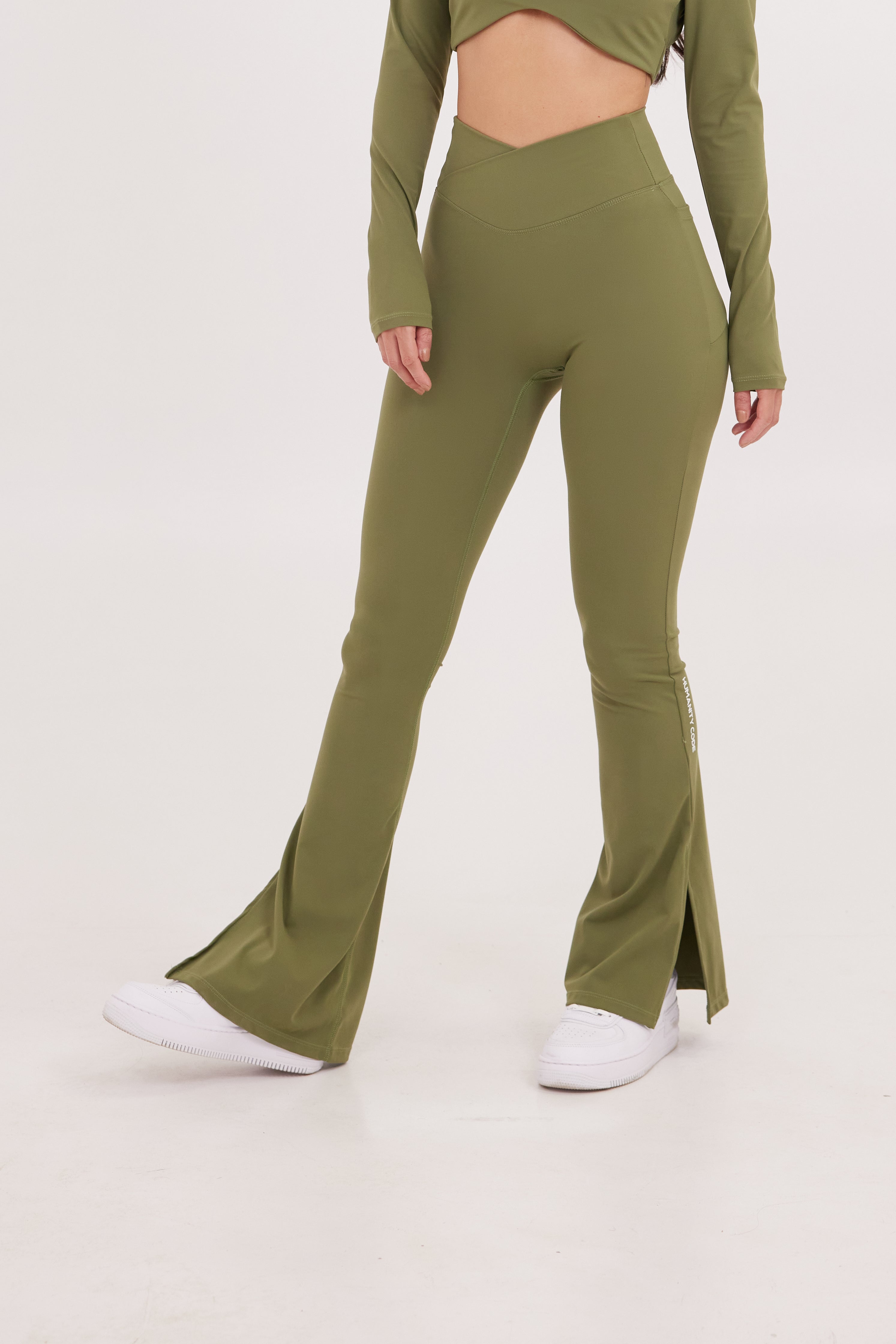 SoftSkin High-Waist Flare Yoga Pant with Pocket in Olive Green