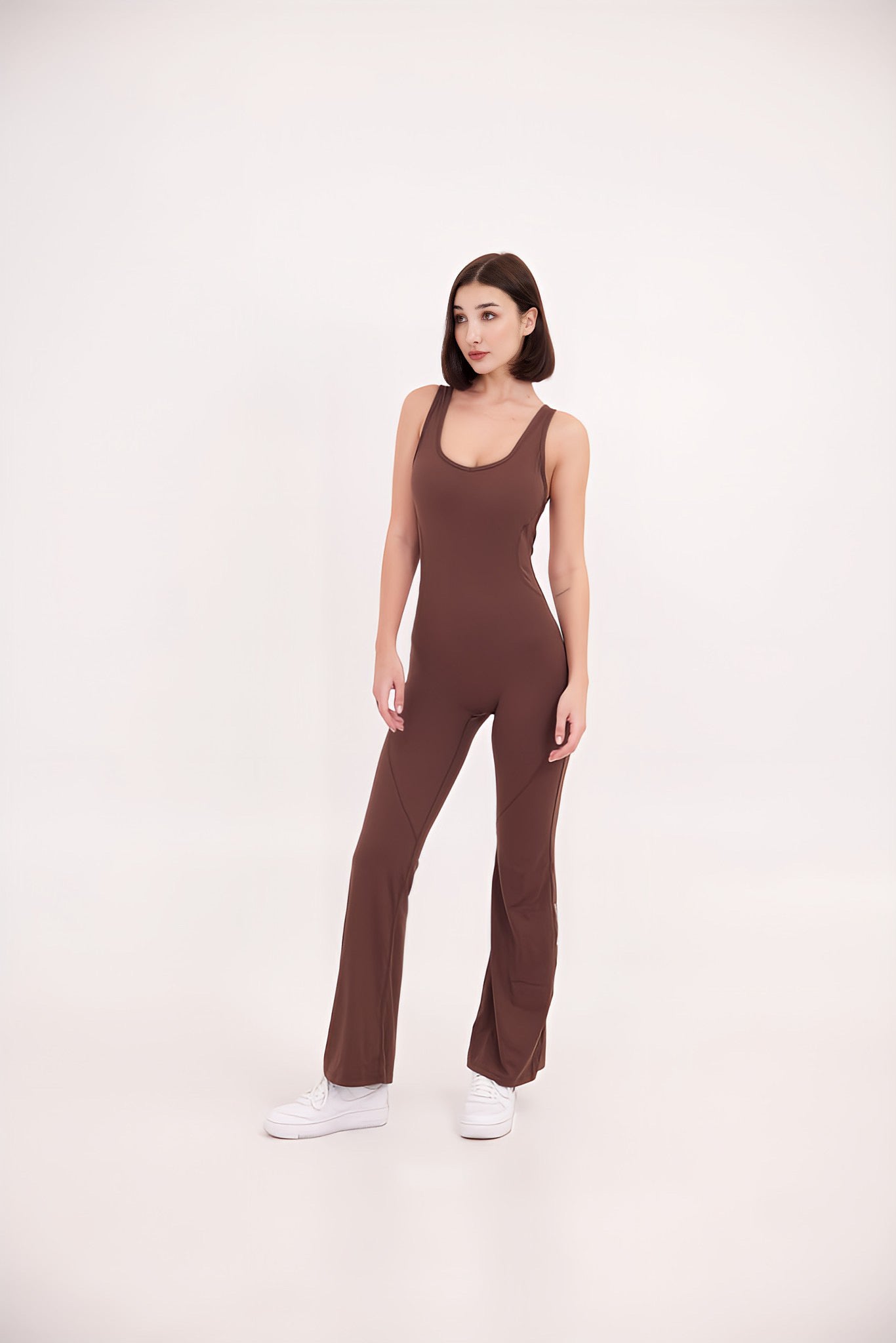 SoftSkin Sculpt Flare Yoga Jumpsuit with Built-In bra in Mocha Brown