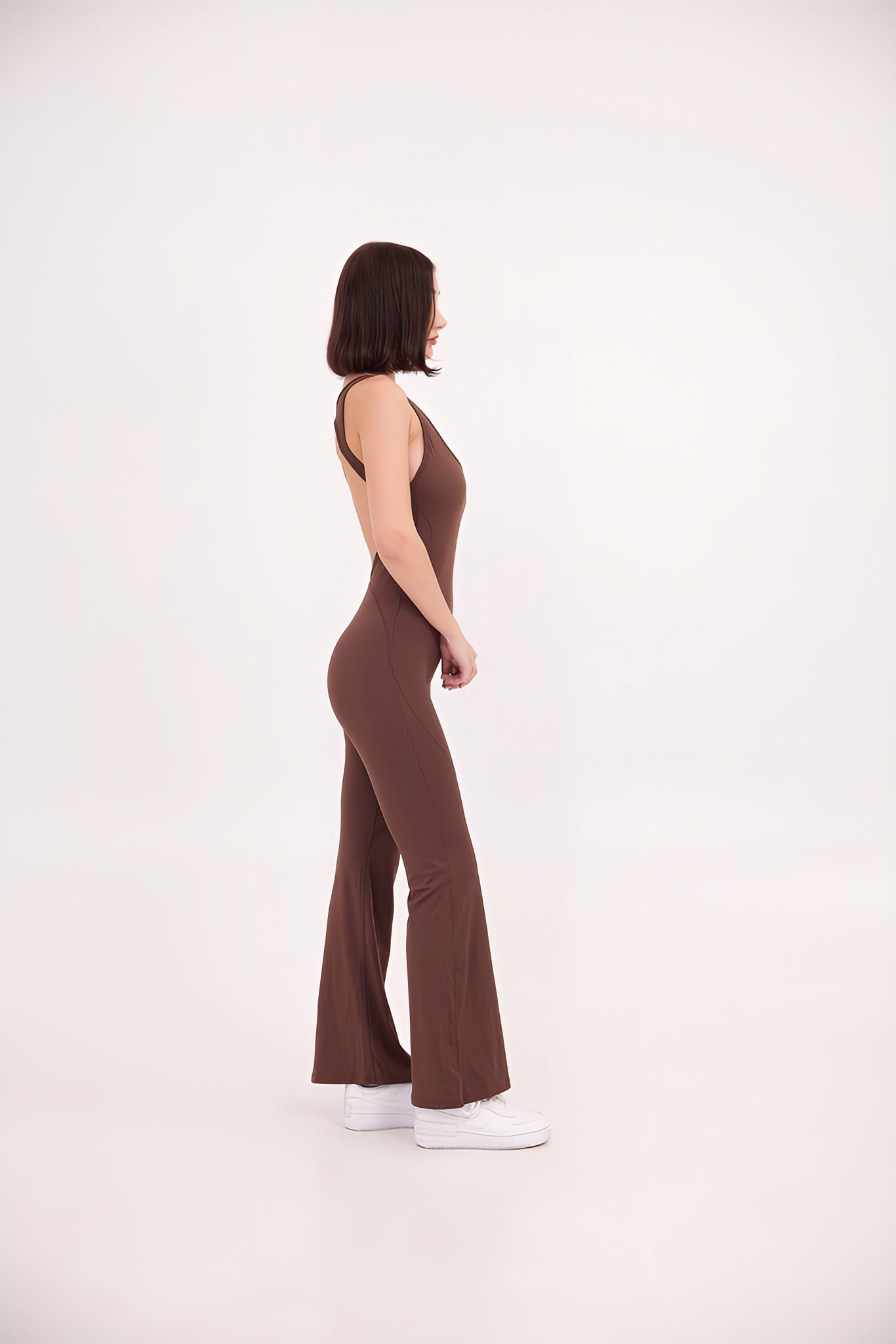 SoftSkin Sculpt Flare Yoga Jumpsuit with Built-In bra in Mocha Brown