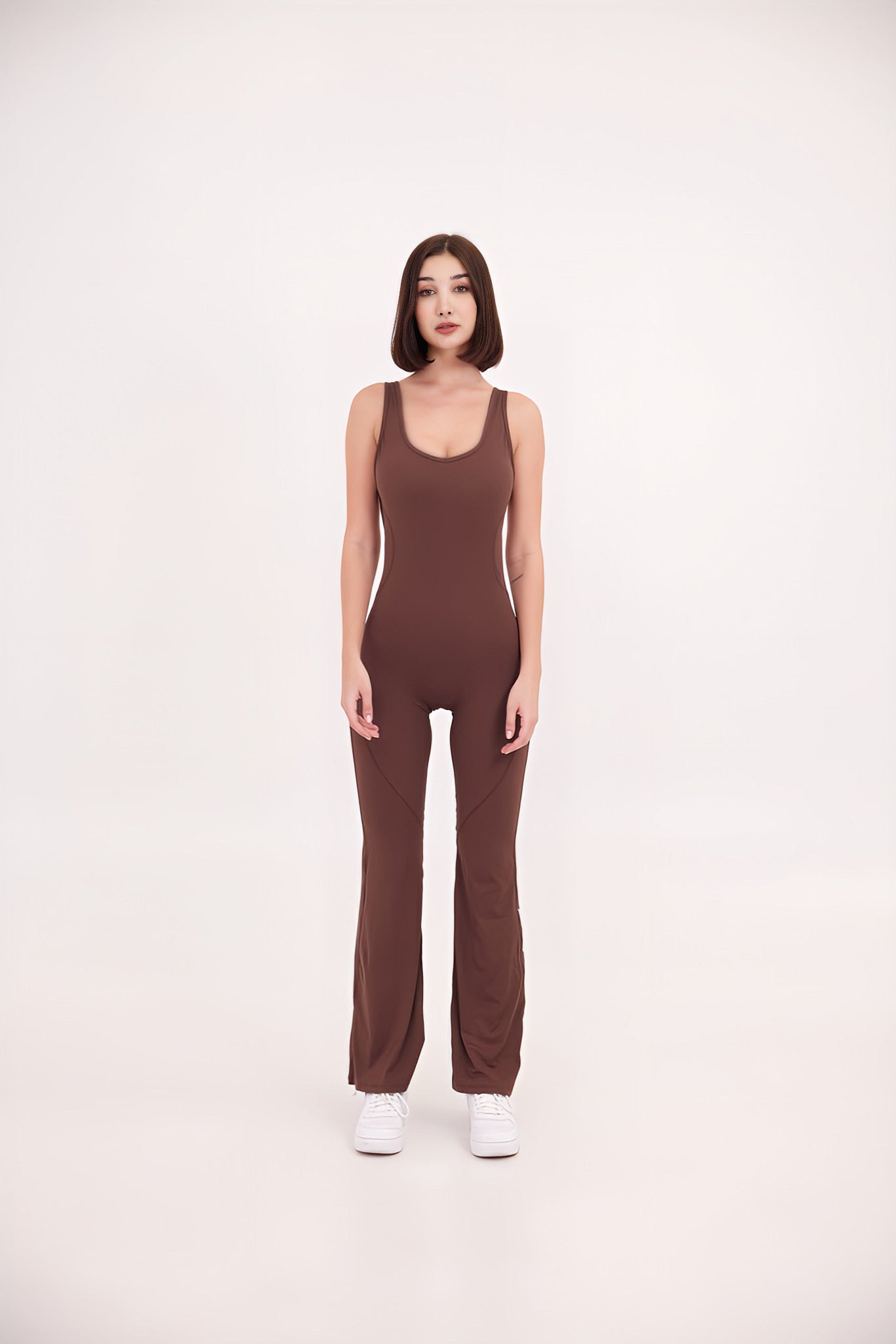 SoftSkin Sculpt Flare Yoga Jumpsuit with Built-In bra in Mocha Brown